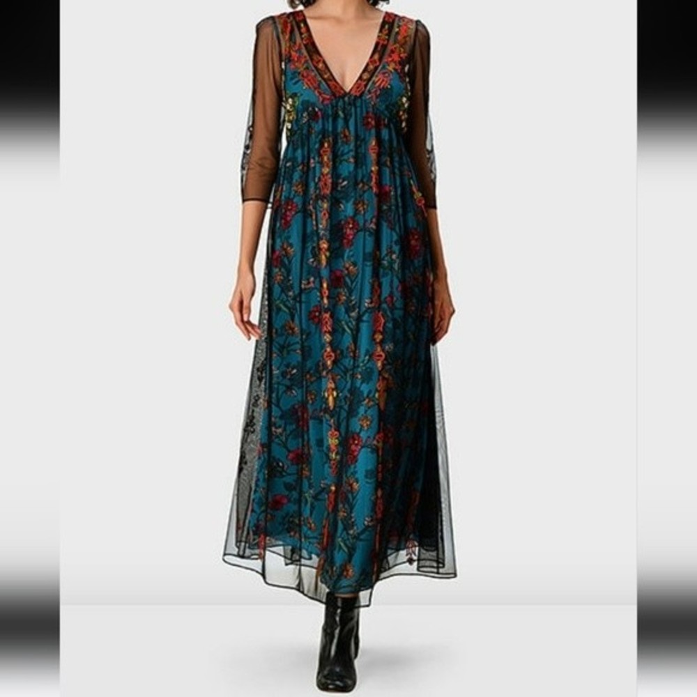 Eshakti Embellished Tulle Floral Print Georgette Empire Dress Size S - Picture 1 of 16